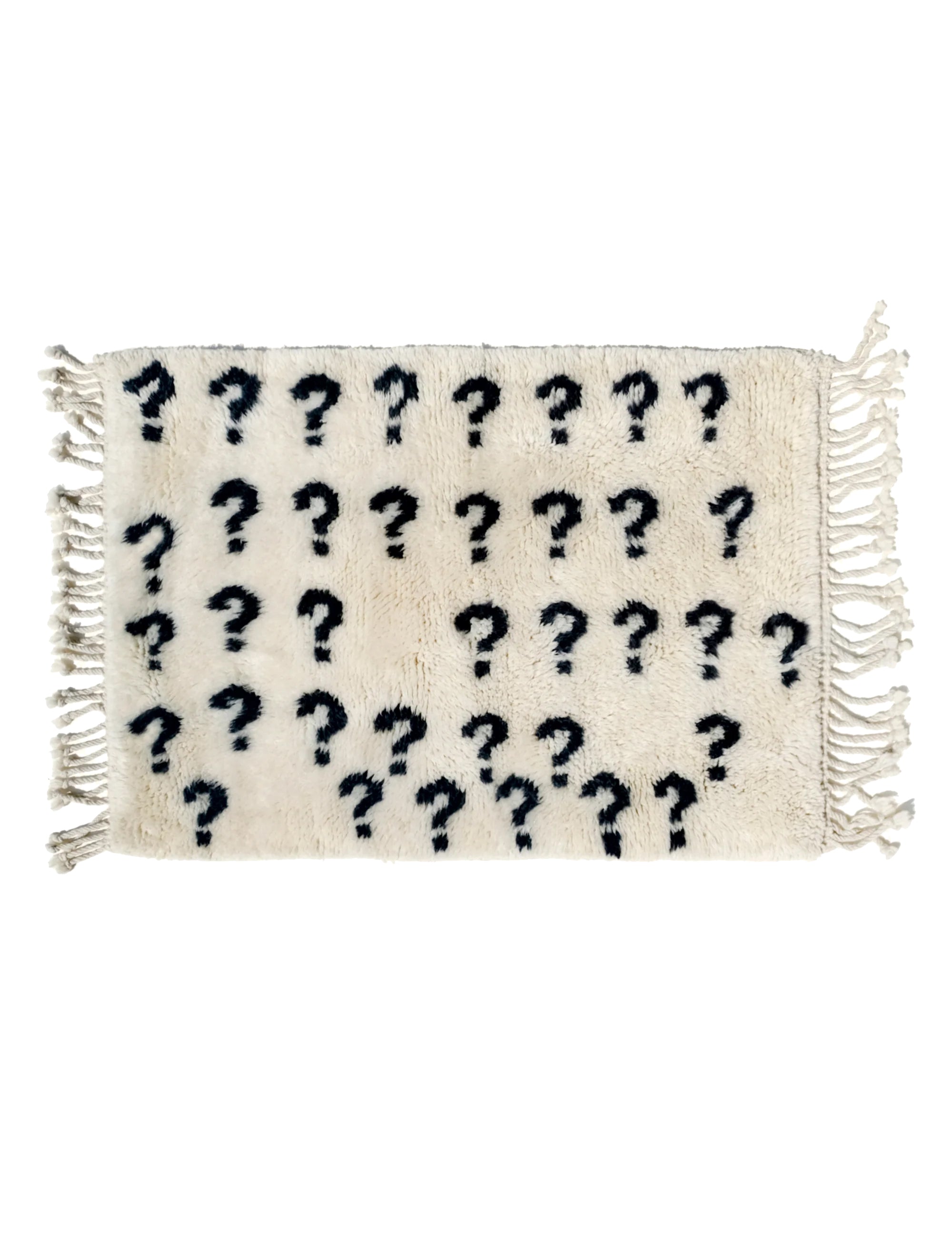 Experience the ultimate comfort with our 'Ivory Enigma Rug: Super Soft Playful Question Marks in Black Yarn.' Crafted for coziness, this rug showcases a delightful pattern of playful question marks in black yarn on an ivory background. Its irresistibly fuzzy texture adds a touch of luxury to any space, making it a perfect addition to your home. Elevate your décor with this charming blend of softness and whimsy.