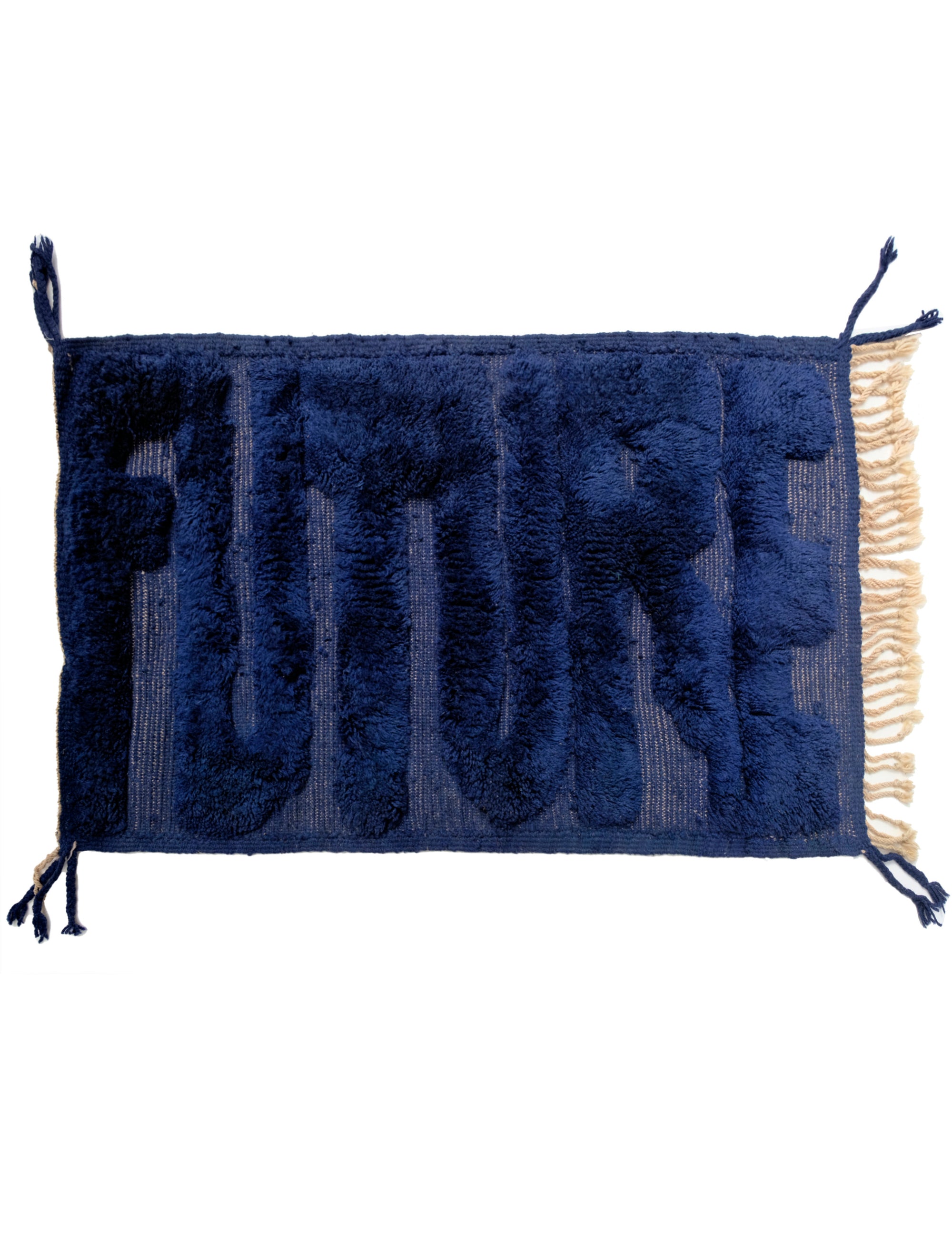 Transform your space with our 'Midnight Future Rug,' a stunning navy wool rug adorned with the enigmatic word 'FUTURE.' Its flat weaving base and captivating design add a touch of modern mystique to your decor. Elevate your ambiance with this rug that combines classic sophistication with contemporary flair.