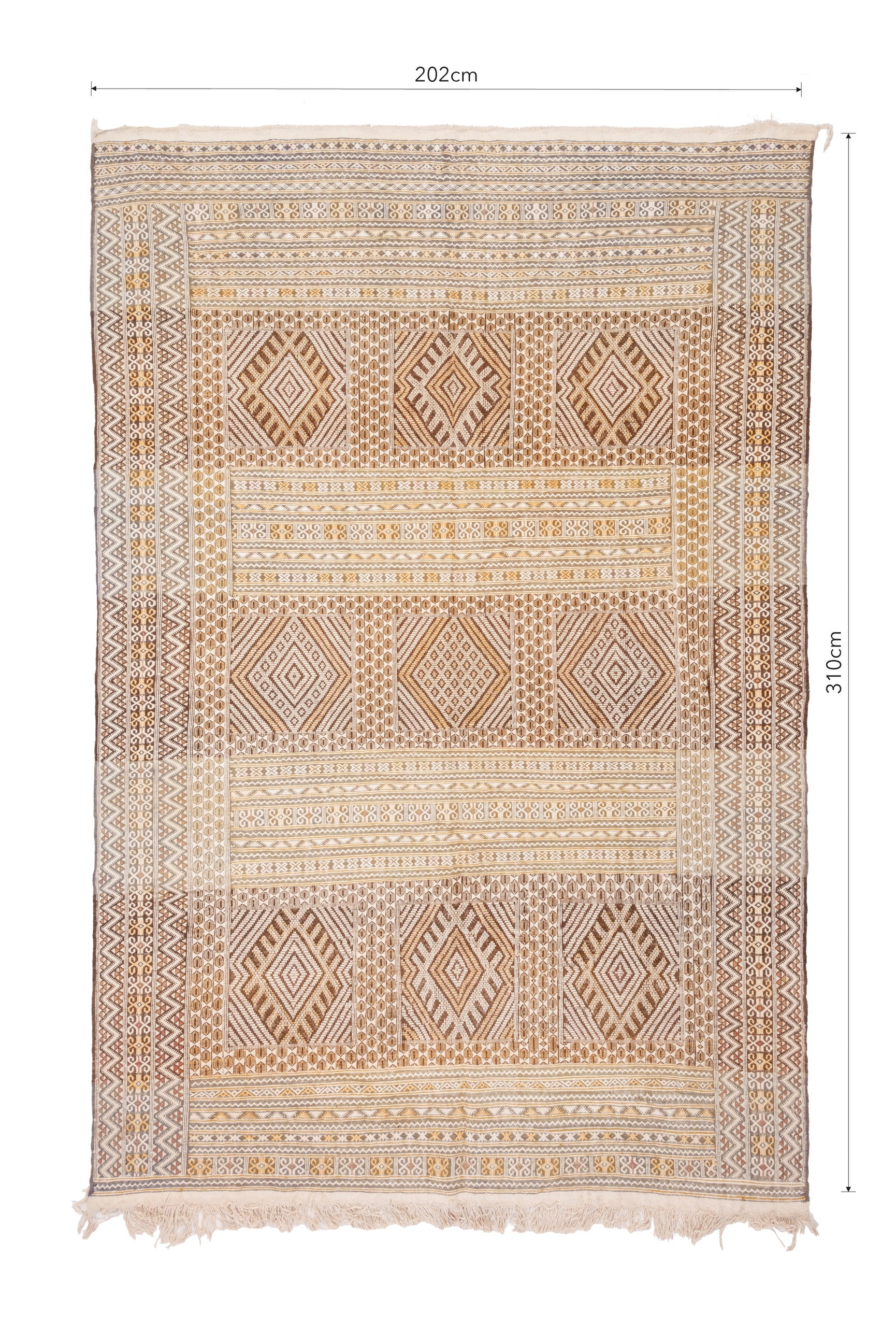 "Bask in the timeless allure of our Golden Desert Breeze Berber Kilim Rug. This rug boasts a classic Berber kilim pattern, blending pale cream and earthy brown tones. The intricate design reflects the rich heritage of Berber craftsmanship, adding a touch of warmth and sophistication to your space. Elevate your home with the charm of nomadic traditions and the inviting hues of the desert landscape. Embrace the artistry of this handwoven kilim, a perfect fusion of tradition and contemporary elegance."