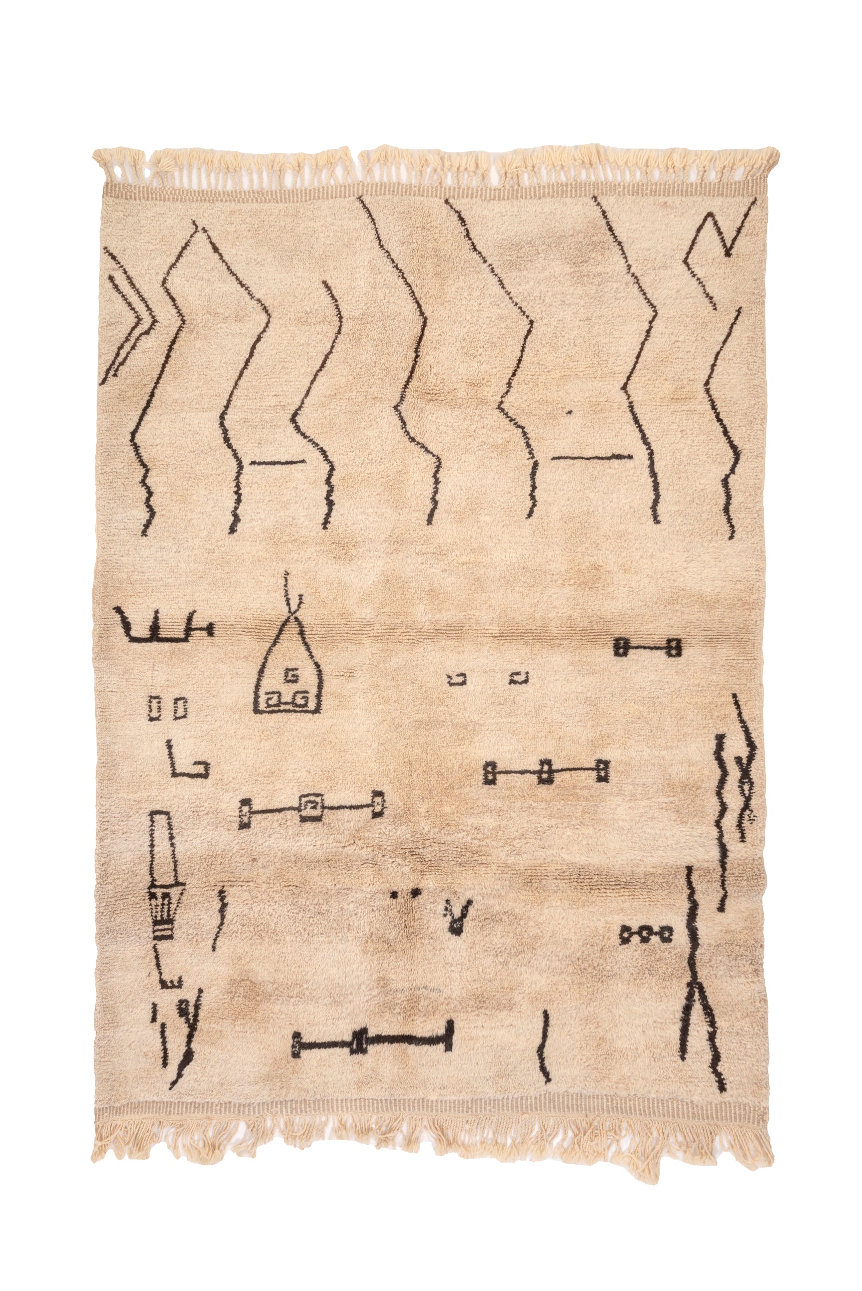 Transform your living space with our 'Ivory Homestead Berber Rug.' Crafted with an ivory base and adorned with abstract motifs reminiscent of houses and lines, this wool Berber rug brings a touch of cozy charm to your home decor.