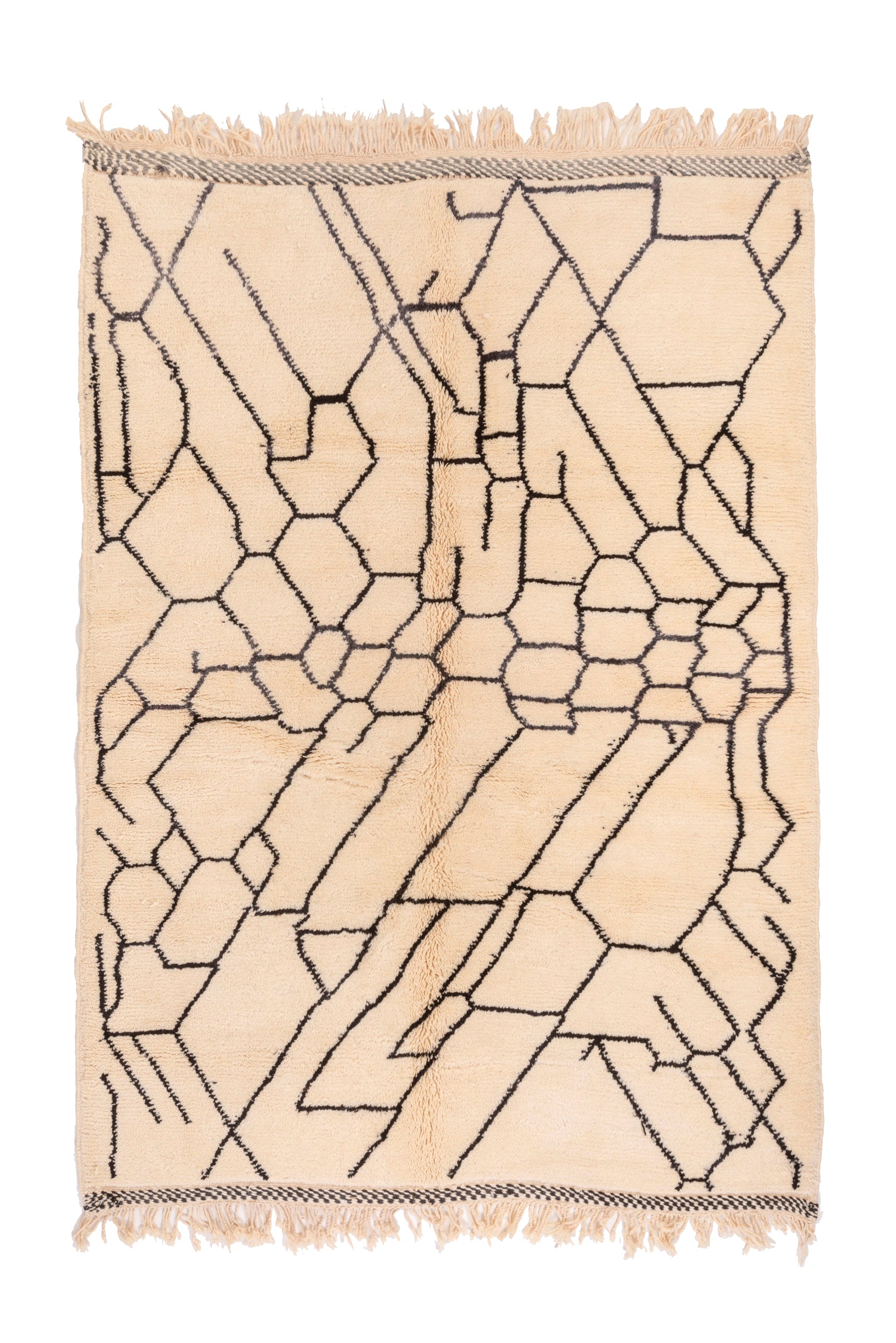 Elevate your space with our 'Ivory Infinite Net Beni Ourain Rug.' Featuring an exquisite ivory base adorned with an abstract net pattern, this rug effortlessly combines classic elegance with modern allure. Handcrafted with precision, it adds a touch of sophistication to any room. Discover the timeless charm of this one-of-a-kind rug today.