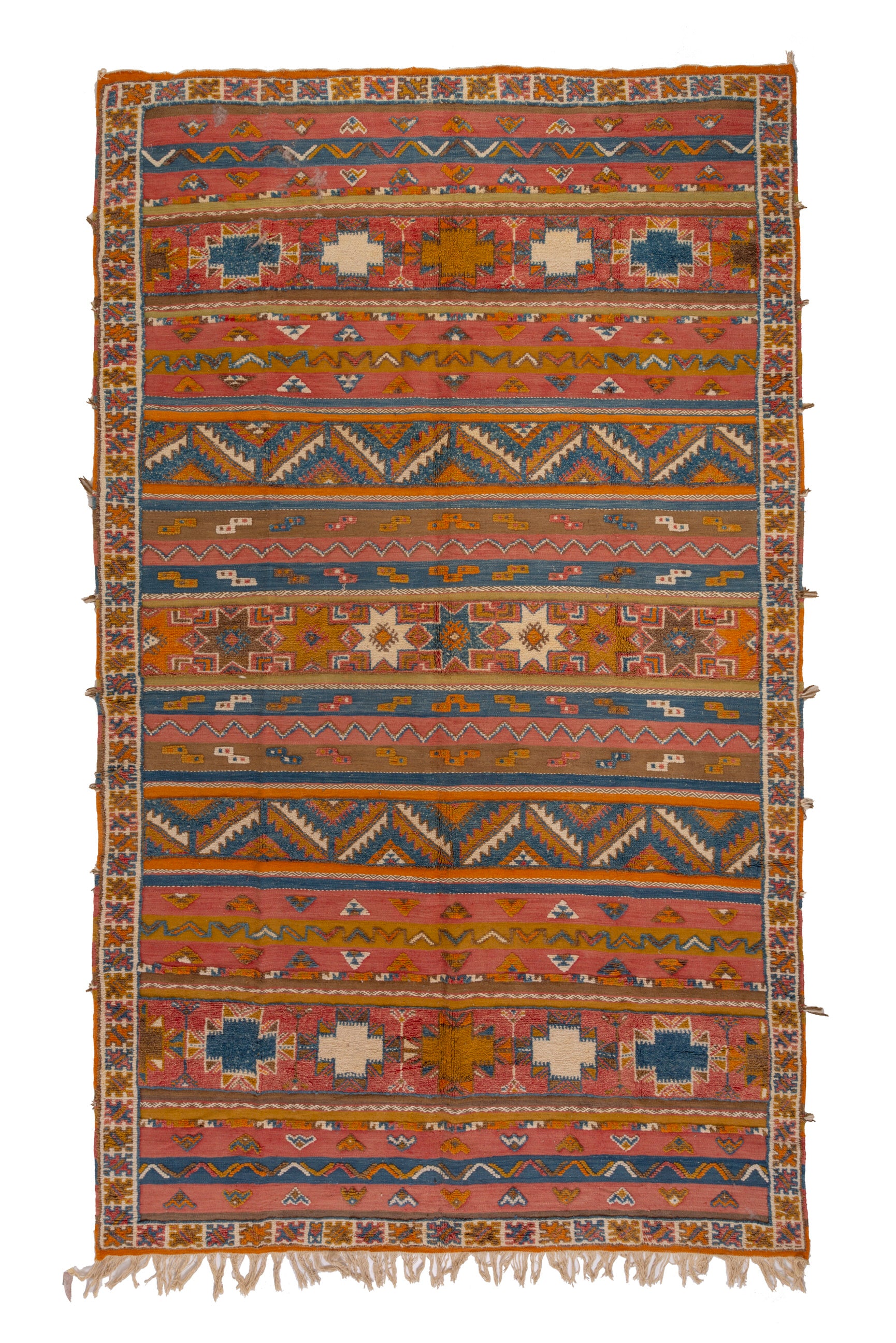 Explore the charm of our Mocha Mirage Glawi Rug (8 x 13.6 ft). Traditional patterns in faded blue and pink tones create a vintage, unique look. The rug's distinct feature is the mix of raised and flat-weaved sections, adding texture and character to your space. Elevate your decor with this one-of-a-kind piece that beautifully blends tradition with artistry.