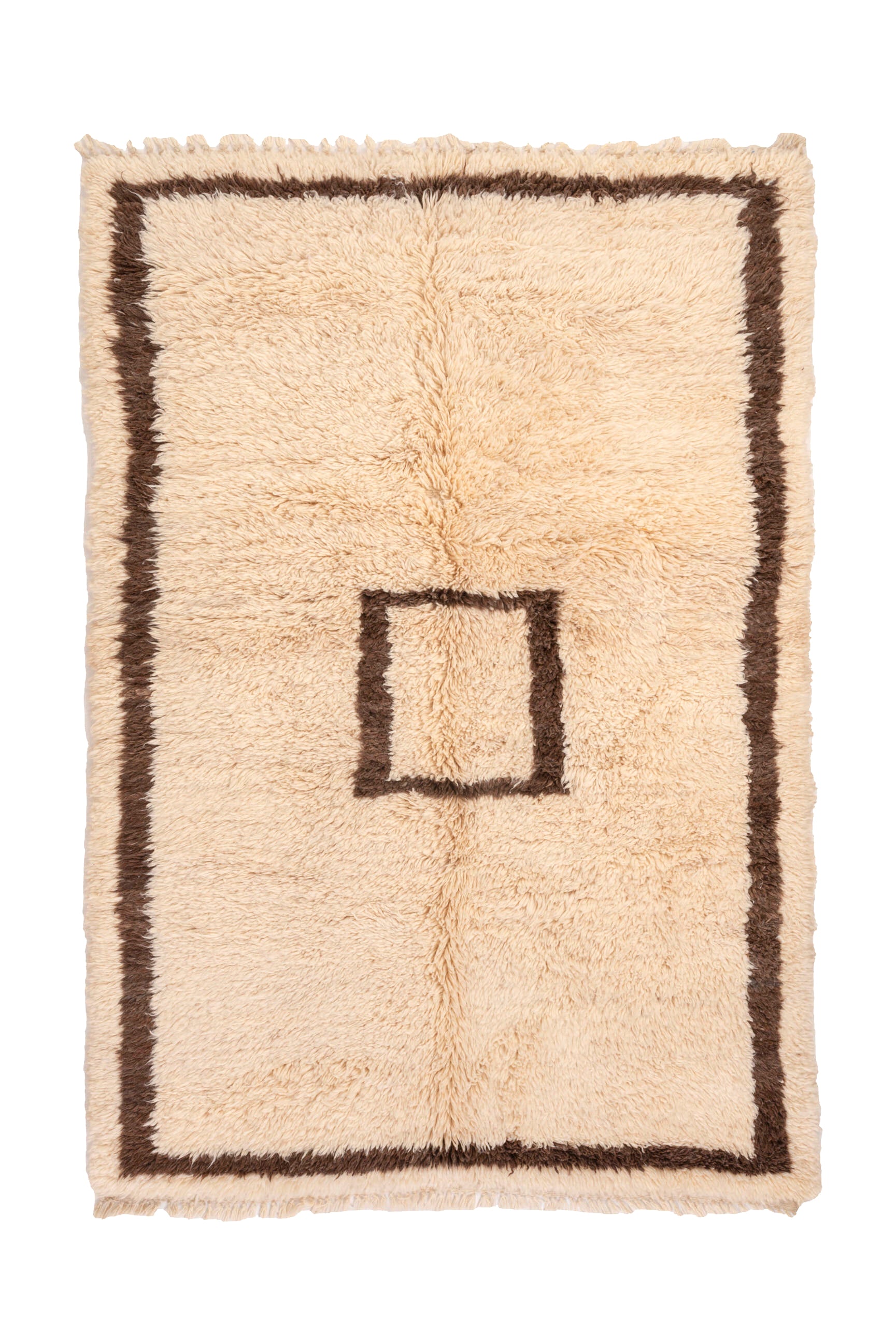 Elevate your decor with our 'Ivory Square Frame Beni Ourain Rug.' Featuring an ivory base with a small square frame in rich brown at the center, and a broader brown border at the edges, this rug exudes minimalistic elegance that's perfect for enhancing your space.